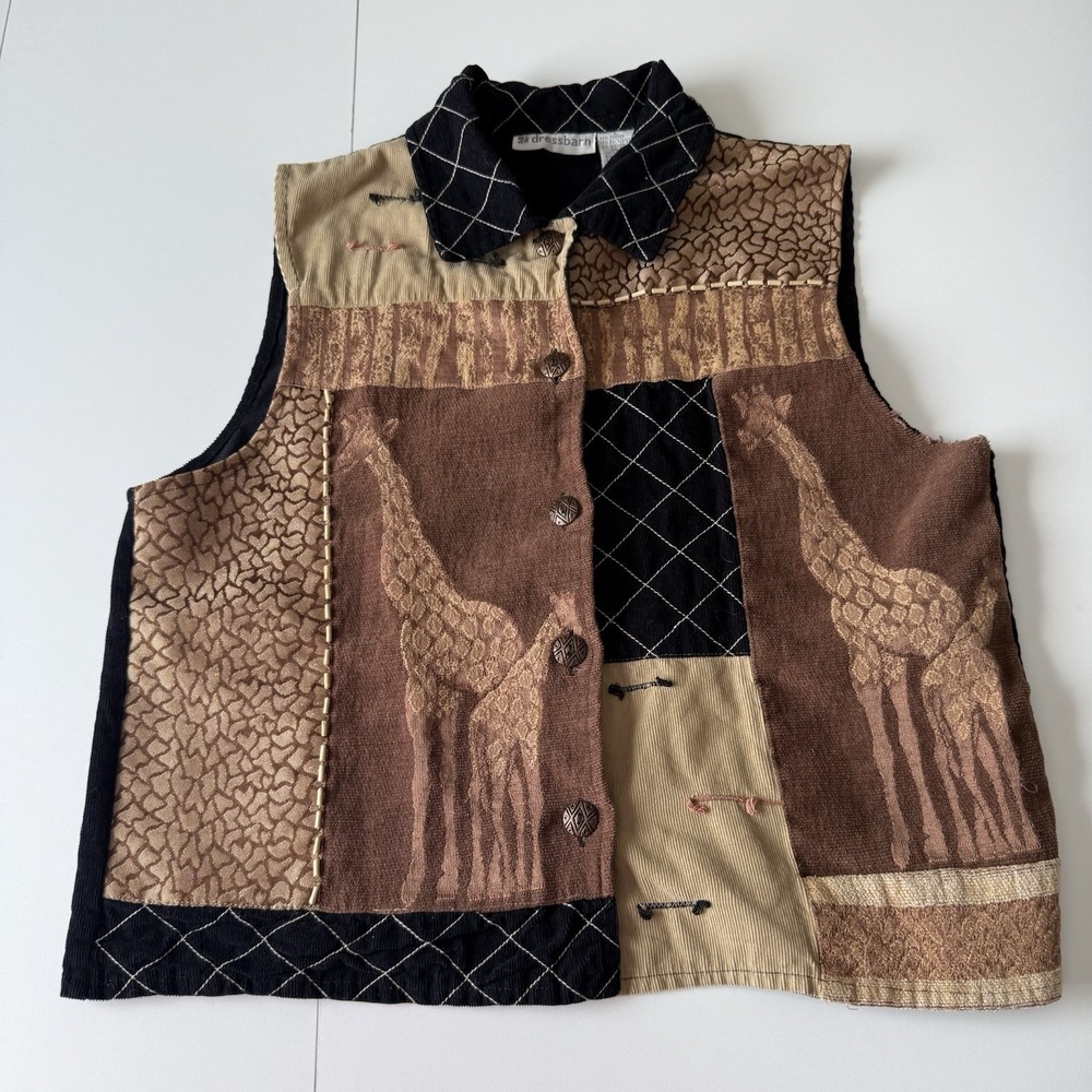 Dressbarn Vintage Y2K Corduroy Giraffe Patchwork‎ Vest Women's Large Boho Retro